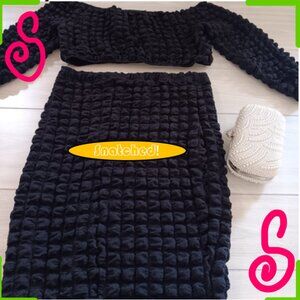 Plus Size Autumn Set One-Character Collar Solid Color Bubble Two-Piece Set